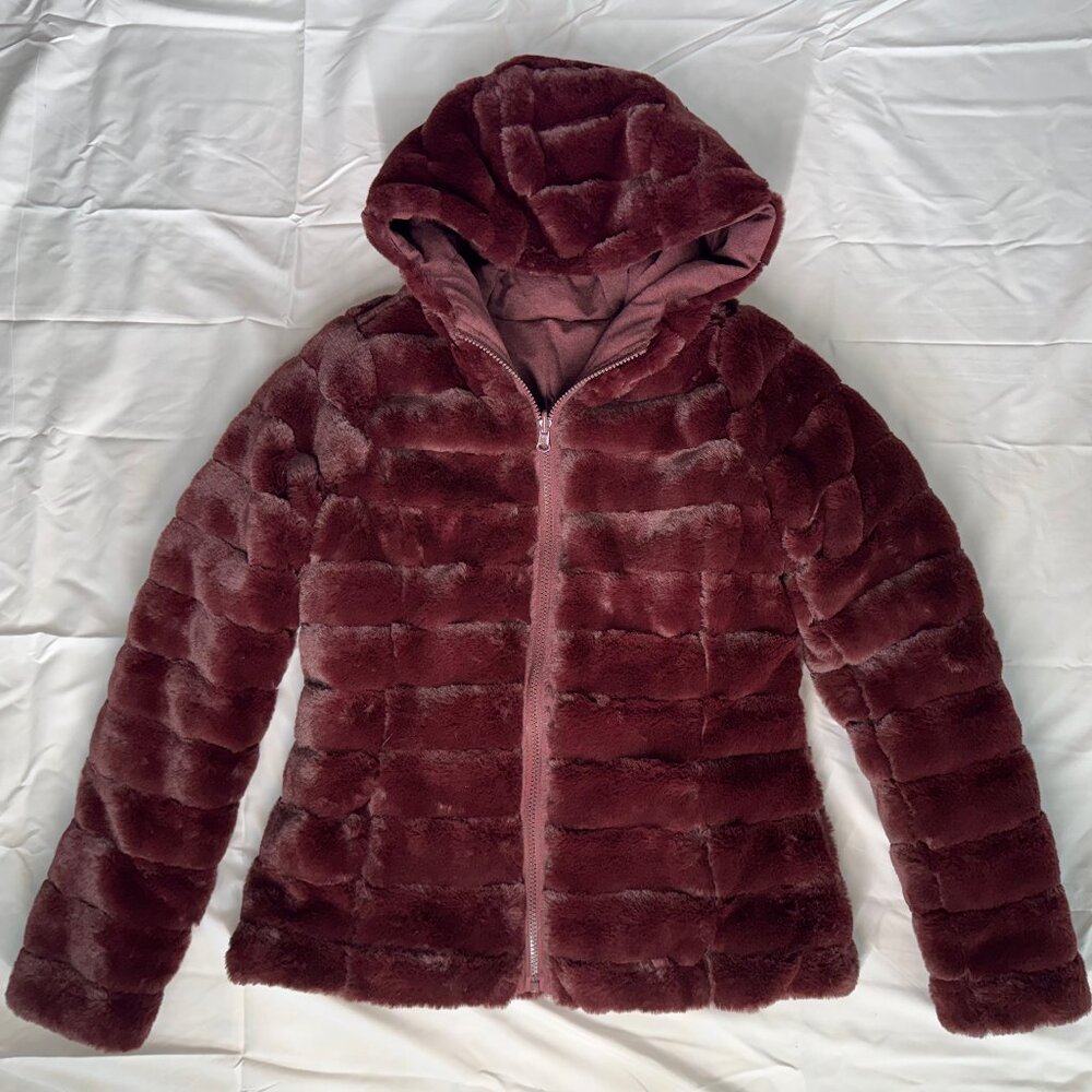 Reversible Burgundy/Wine Faux Fur Puffer Style Coat